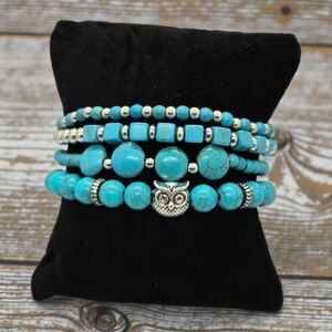 Turquoise Beaded Owl Stacked Bracelet Set 4 Bohemian Western Southwestern Whimsy